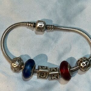 Pandora Silver Charm Bracelet with Red and Blue Beads